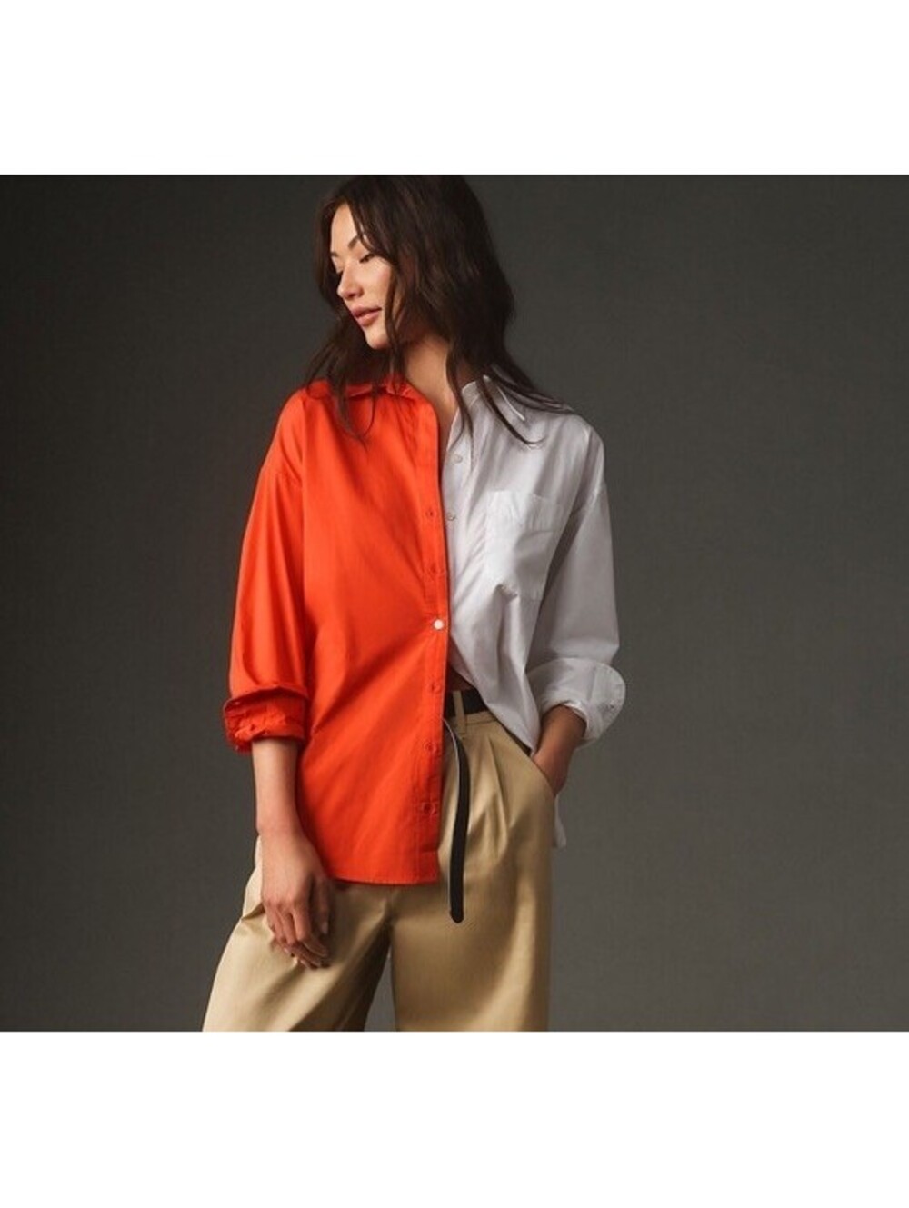 Maeve Anthropologie The Bennett Button Down Orange White Color Block Size L EUC